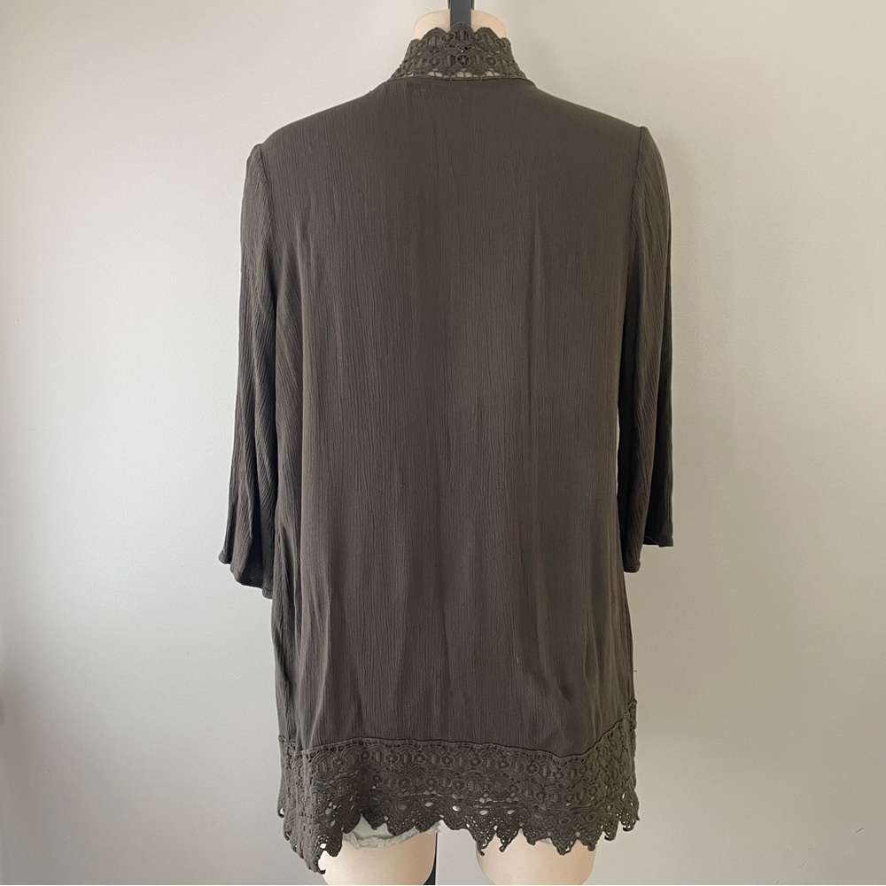 Boho Crochet Trim Crepe Open Cardigan Olive Green Size Medium - Picture 2 of 7